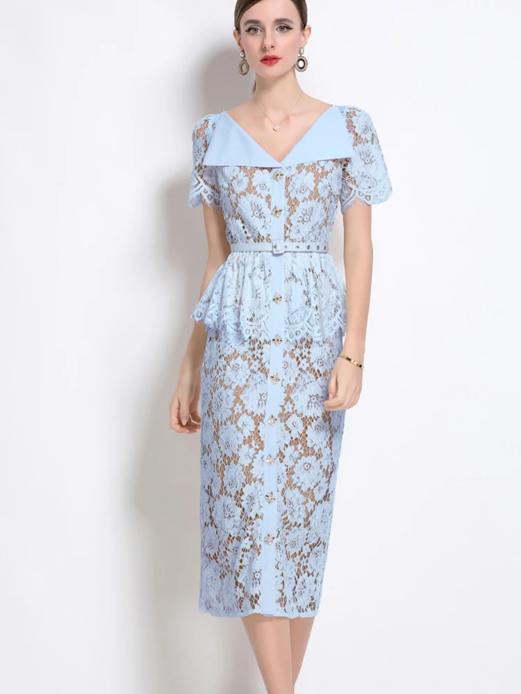 

Elegant Large Collar Short Sleeved Lace Slim Fit Single Breasted Dress 2025 New Fashionable Summer Women'S Clothing