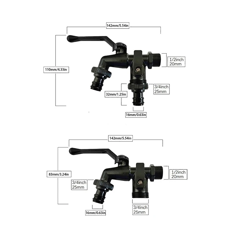Zwarte Kraan Outdoor Tuin Antivries Bibcocks Met Dubbele Uitlaat Voor Wasmachine 1/2 Inch Outdoor Slang Kraan Tuin