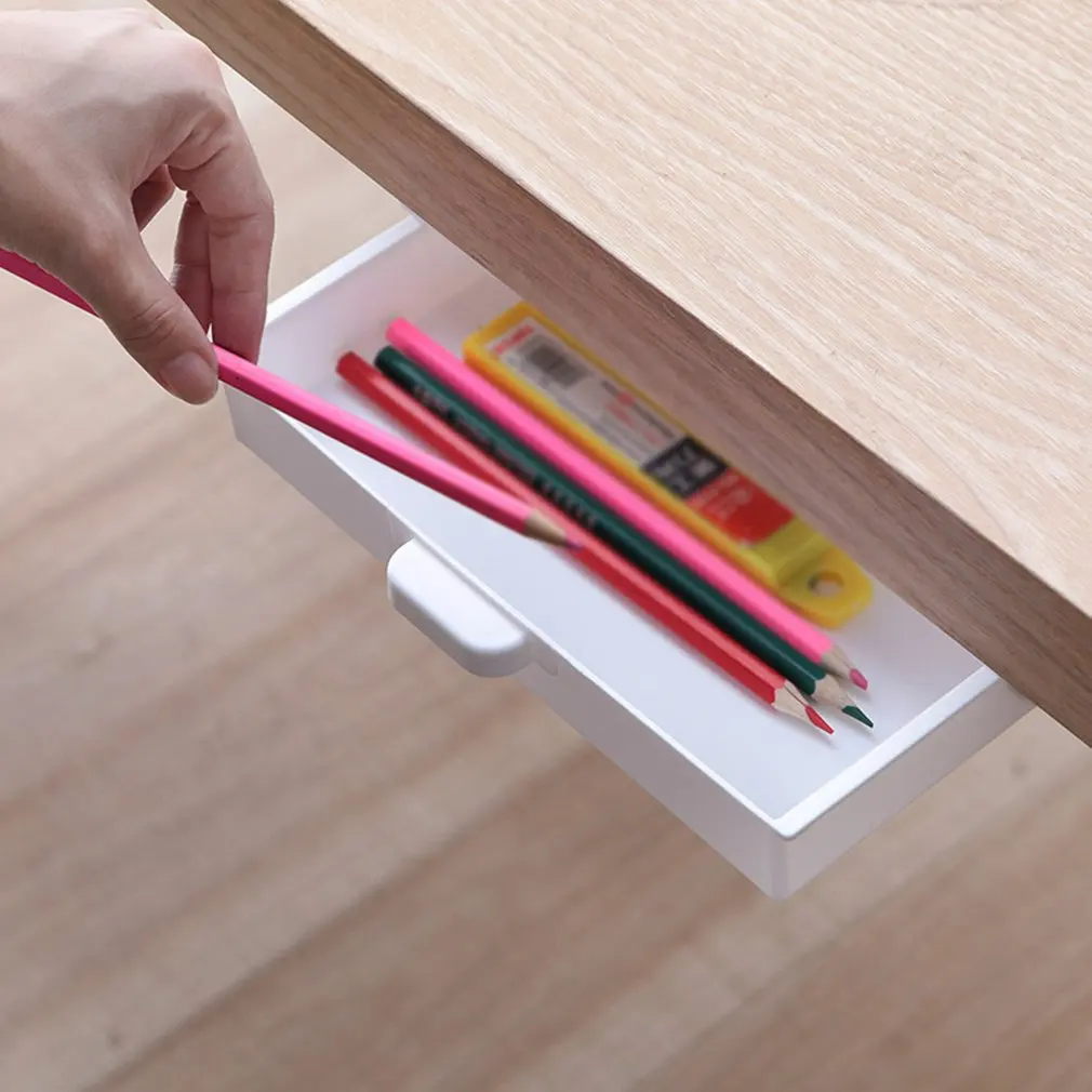 Bandeja de lápices autoadhesiva creativa, cajón de almacenamiento de mesa de escritorio, caja organizadora debajo del soporte del escritorio, caja de almacenamiento autoadhesiva