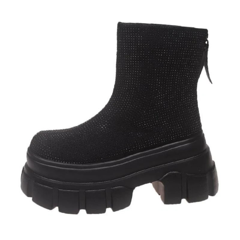 

Женские мотоциклетные ботинки на толстой подошве 9 см, ботильоны на высоком каблуке с кристаллами, зимние плюшевые короткие ботинки 2025 года, Zapatos De Mujer