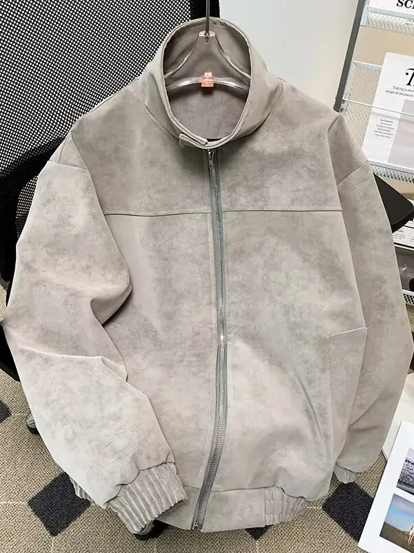 

Retro ey Dyed PU Leather Jaet Men's Loose Fit Stand Collar Motorcycle Jaet Spring Autumn Casual Sle Windproof