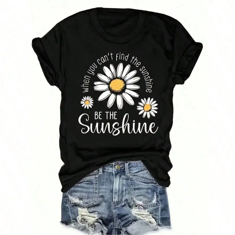 

Women's Plus Size "Be The Sunshine" Inspirational Daisy Graphic T-Shirt - Soft Crew Neck Tee, Black with White Daisy Print