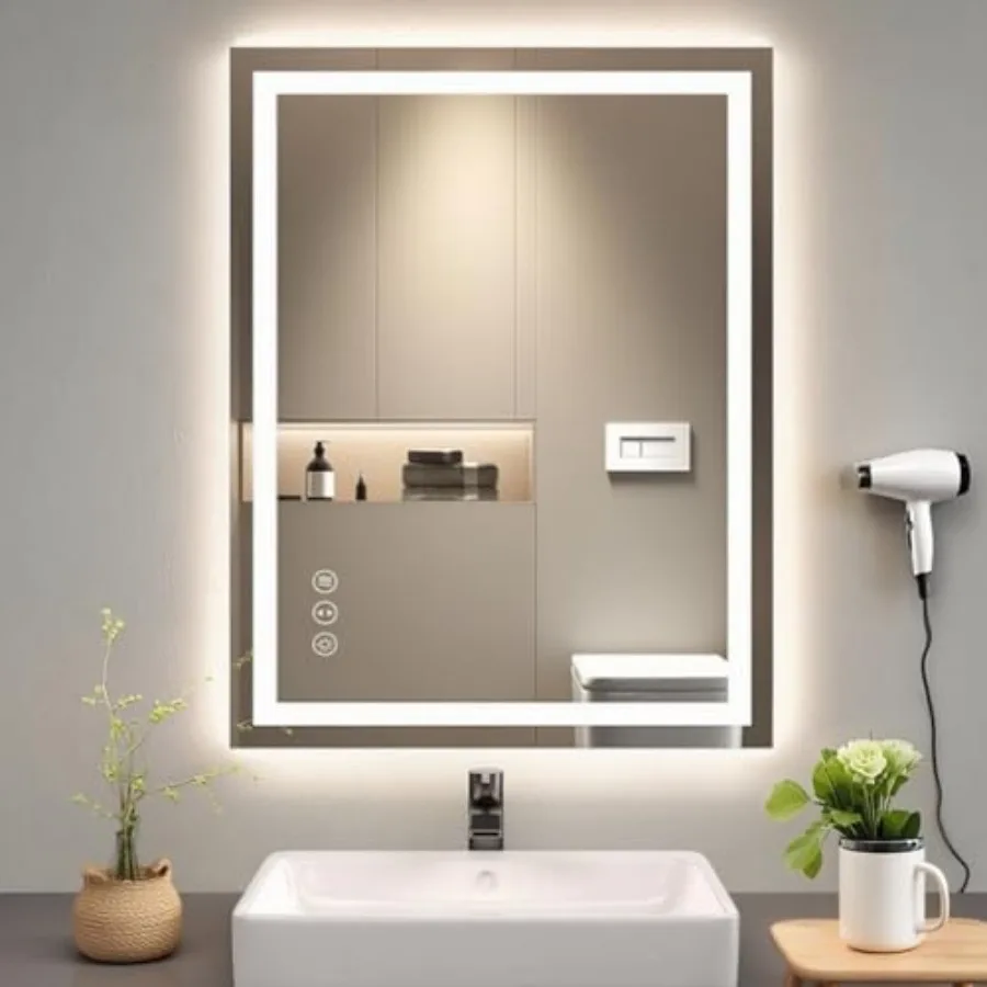 

28"x20" LED Anti-Fog Memory Function Bathroom Mirror - Lighted Vanity Mirror with 3 Color Temperatures, Dimmable, Backlit + Fro