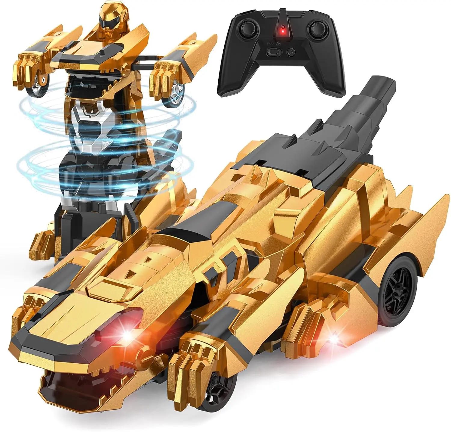 Dinosaur Transforming RC Car with 2.4GHz Remote, Flashing Lights, and One-Button Robot Mode for Kids Ages 4-12