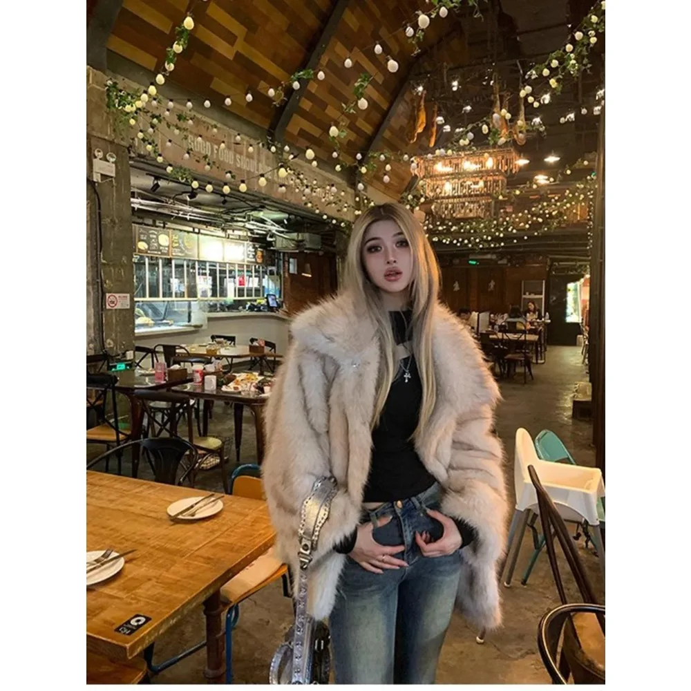 Woman's Winter Warm Fur Coat Trench Coat Faux Fox Fur Mid-length Lapel Coat Thick Windproof Coats Women Jacket Harajuku