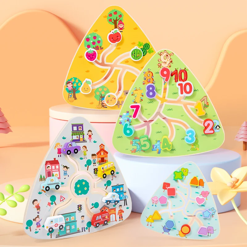 1pc Triangular Wooden Track Pairing Toy Cartoon Slider Movable Color Shape Recognition Game Suitable for Children Ages 3+