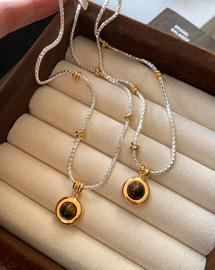 Gold- und Silberfarbene Kette, kreisförmiger Tigerauge-Stein-Anhänger, Halskette, luxuriöser Schmuck für Damen, sexy Schlüsselbein-Accessoires – Detail 13