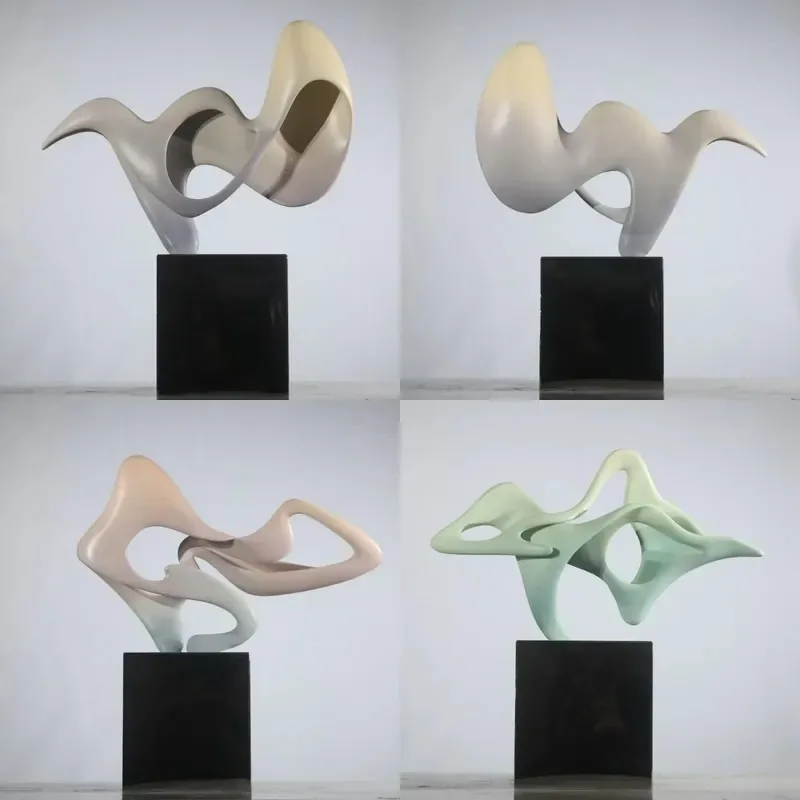Elegant Curved Abstract Fiberglass Art Matte Pastel Sculpture With Stable Black Marble Base Modern Home Decor Statue