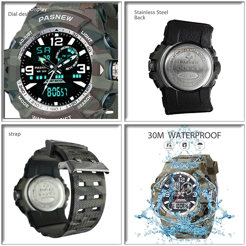 Military Men Sport Watches Multifunction Big Dial Waterproof Digital Hand Clock Boy Original Tactical Camouflage Wristwatch Male