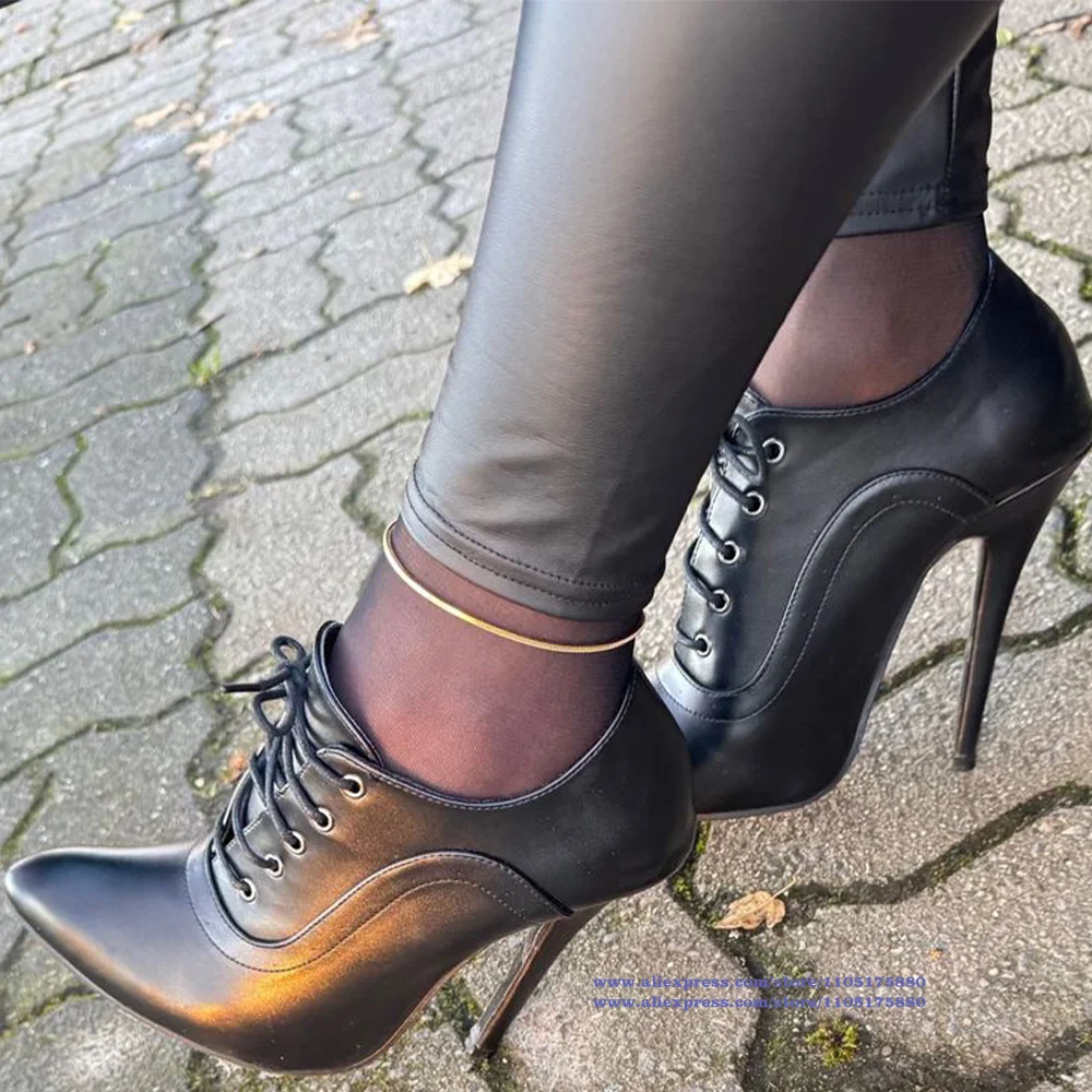 

Pointed Toe Lace-Up Stiletto Heel Pumps Black Matte Leather High Heels Designer Dress Party Shoes Sandalias De Mujer Verano