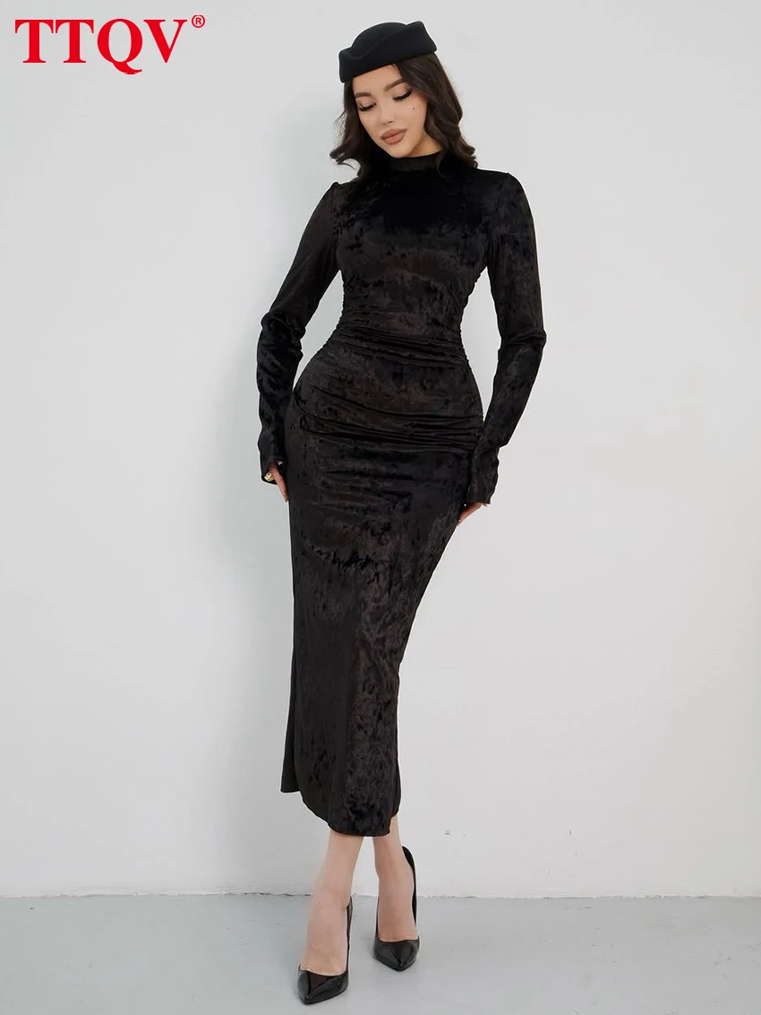 

TTQV Bodycon Black Velvet Women's Dress 2026 Fashion Stand Collar Long Sleeve Ankle Length Dresses Elegant Classic Female Dress