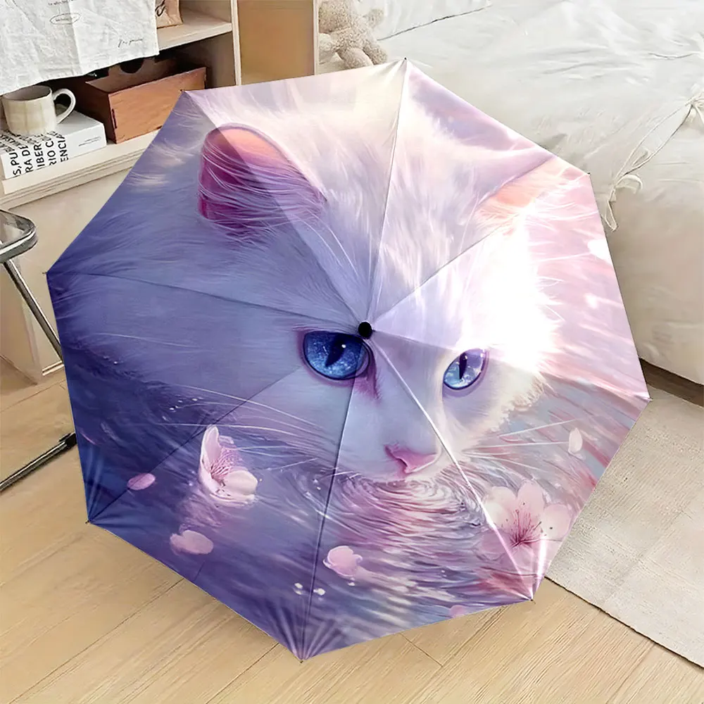 1PC Lovely Cat Design Umbrella with Floral Details Print 8 Iron Ribs Folding Umbrella Auto-Open Fashion Sunshade
