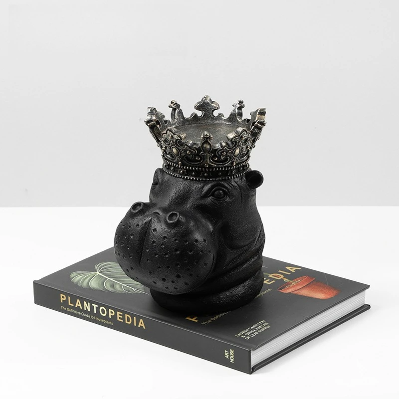 Creative Resin Crown Hippo Sculpture Ornaments Living Room TV Cabinet Wine Cabinet Tabletop Animal Display Crafts Birthday Gifts