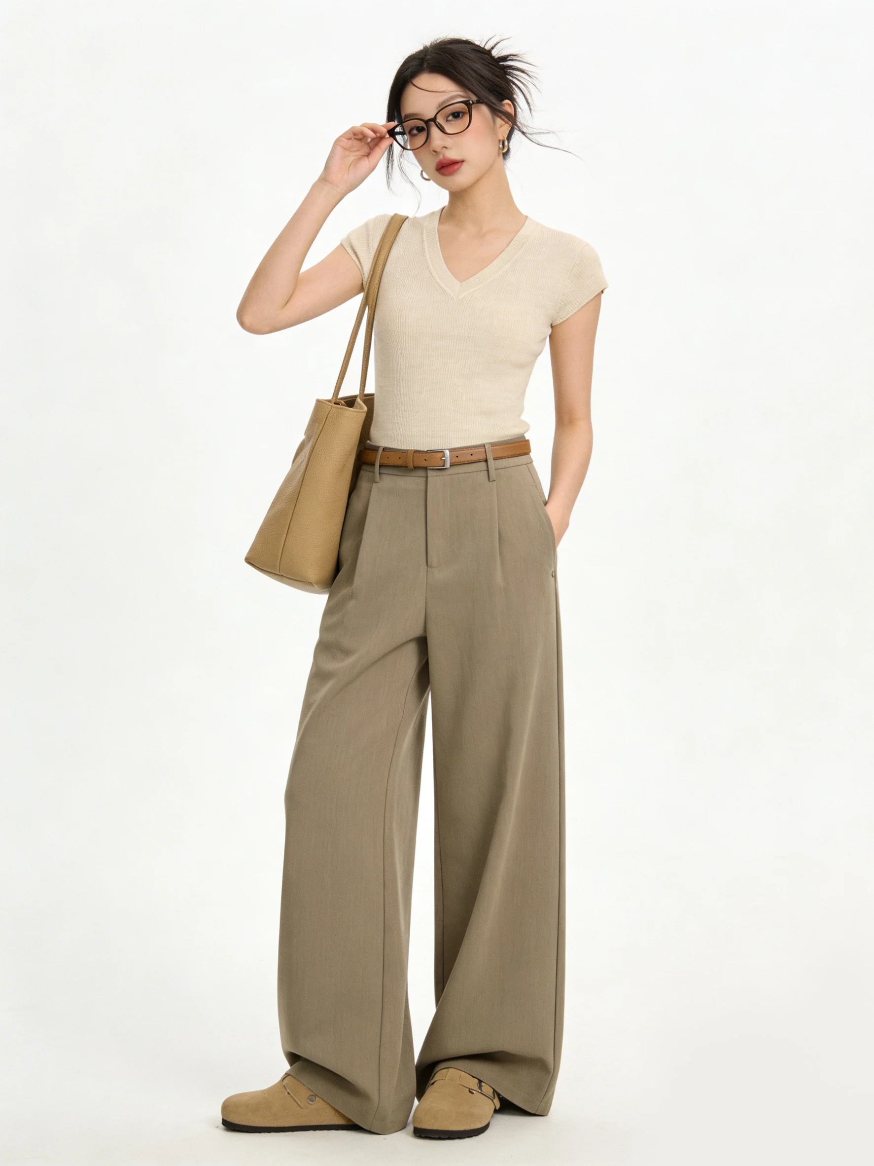 

Женские брюки с высокой талией и широкими штанинами, свободного кроя, в корейском стиле, однотонные, для офиса и повседневной носки