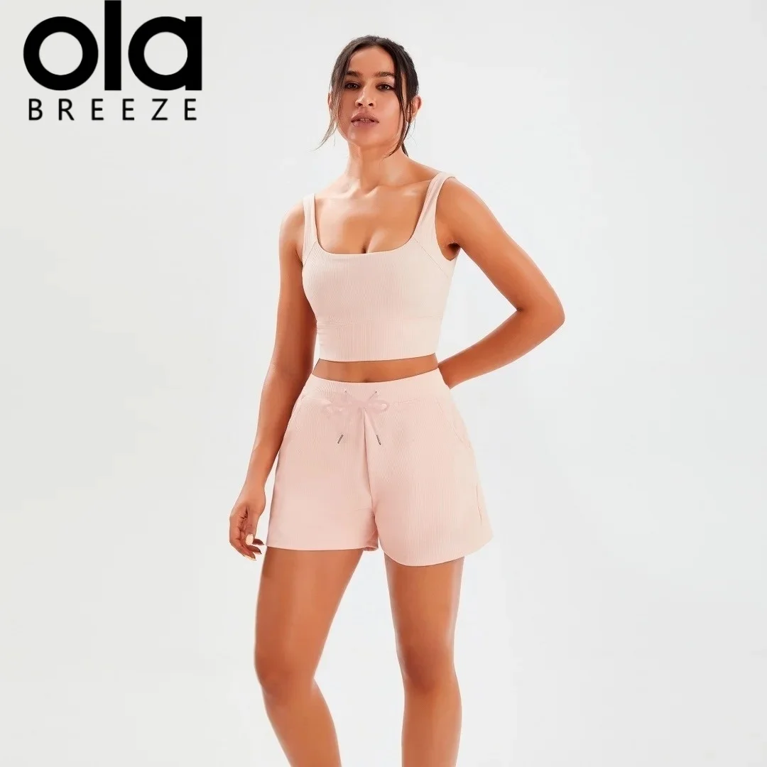 2026 Ola breeze YOGA set Pilates sports vest quick drying pocket loose thread short three part yoga pants