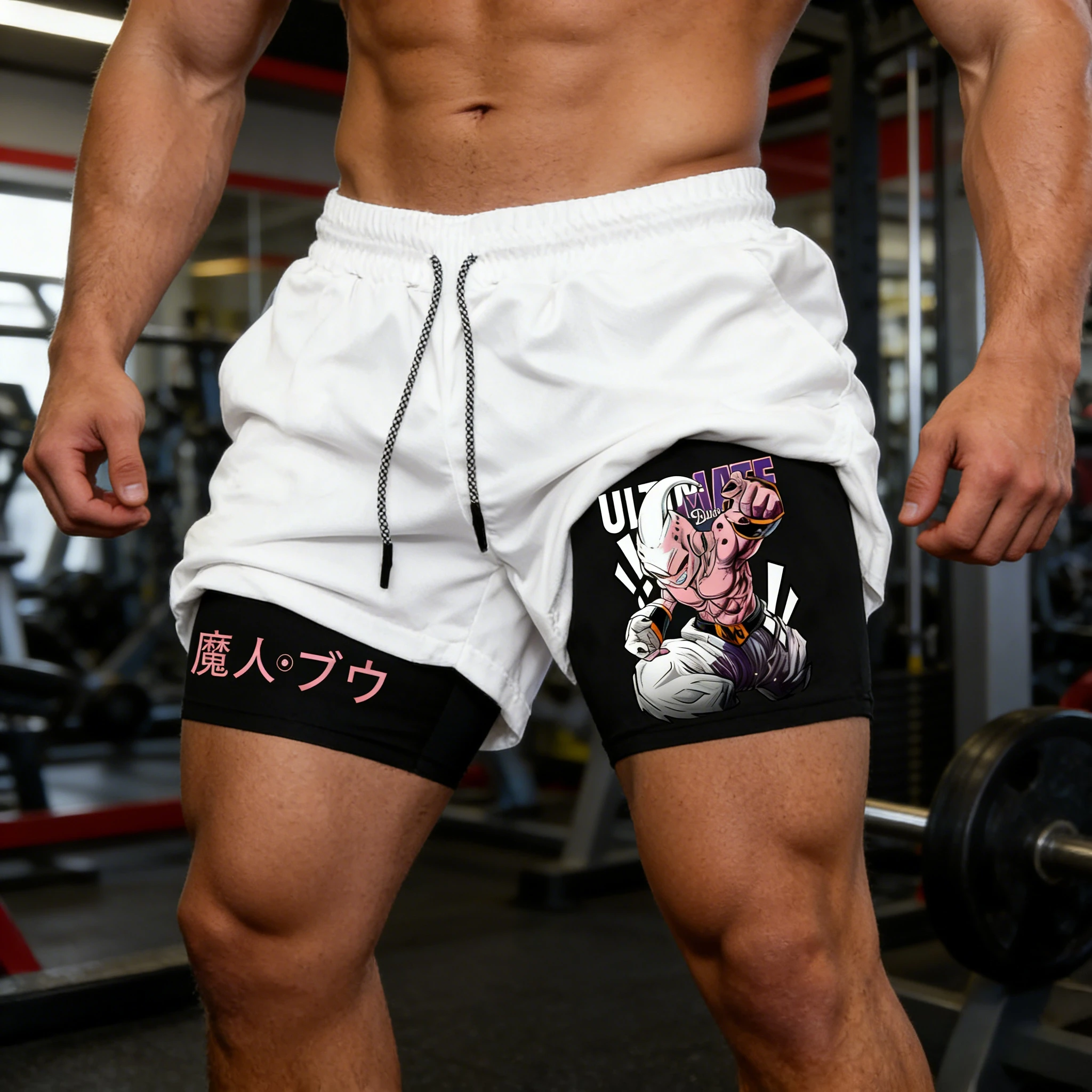 

Летние шорты для спортзала 2-в-1 с принтом Dragon Ball Z Majin Buu Kanji, двухслойные, оверсайз, мужские, для фитнеса, в стиле ретро, унисекс, уличная одежда, коллекция 2026 года