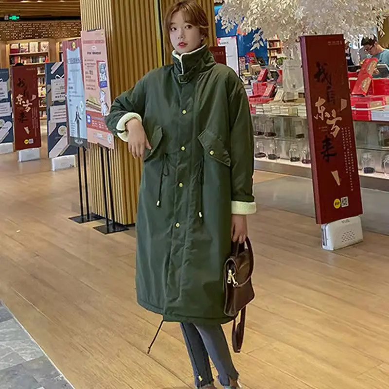 Lamb Wool Parkas Women Stand Collar Coats Thick Warm Single Breasted Mid Length Parka Coat Loose Solid Casual Jackets Winter