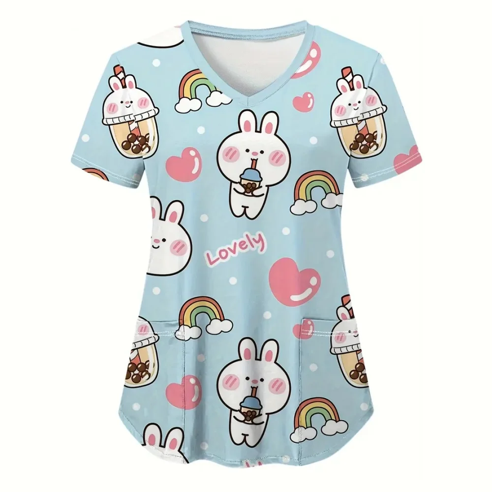 Clinical Uniform Woman Easter Bunny Print Microelastic V-Neck Nurse Fashion Patch Pocket Short Sleeve Top Surgical Uniform Woman