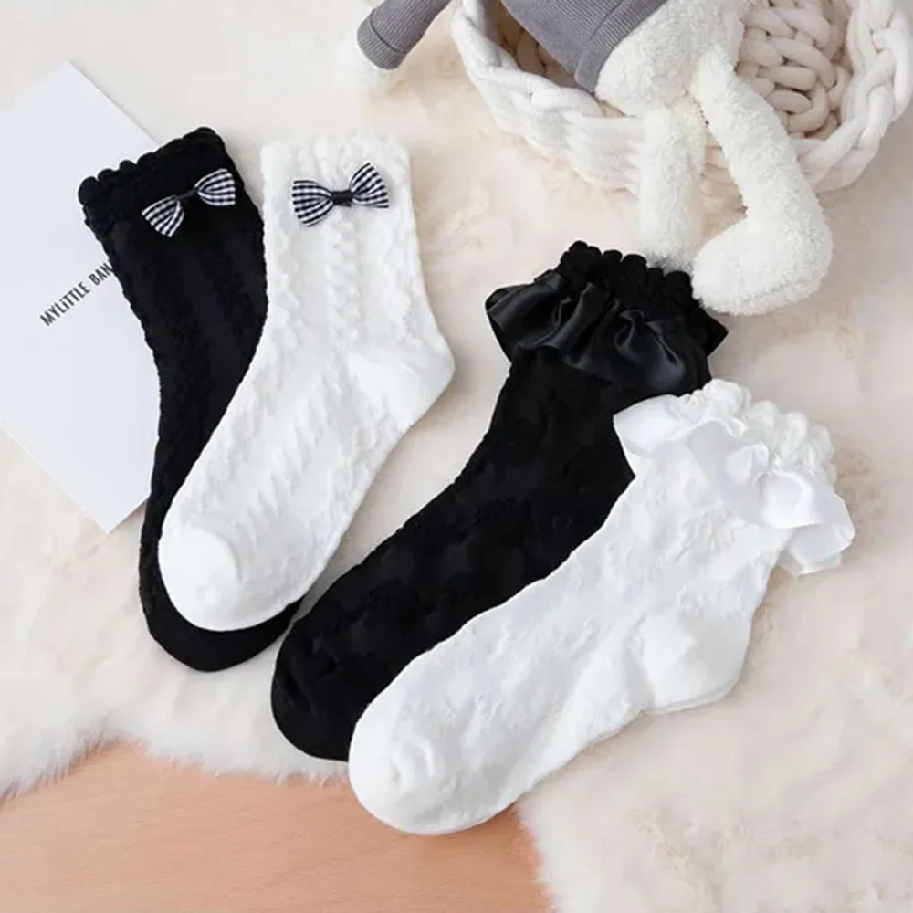 

4 Pair Lolita Socks Women Frilly Ruffle Cute Lace Kawai Japanese White Black Socks Soft Luxury Bow Mesh Exquisite Socken