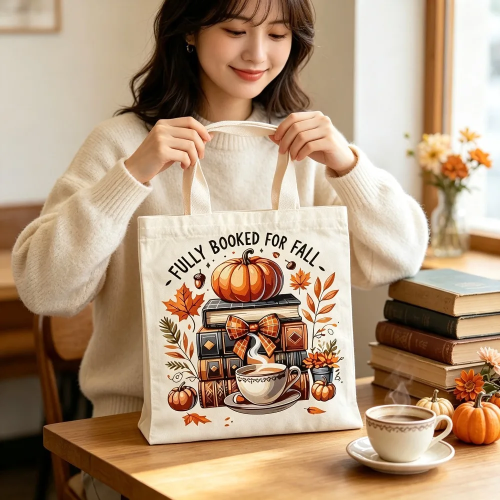 Fully Booked for Fall Canvas Tote Bag Pumpkin Book Coffee Autumn Leaf Print Shoulder Bag Book Lover Casual Shopping Handbag