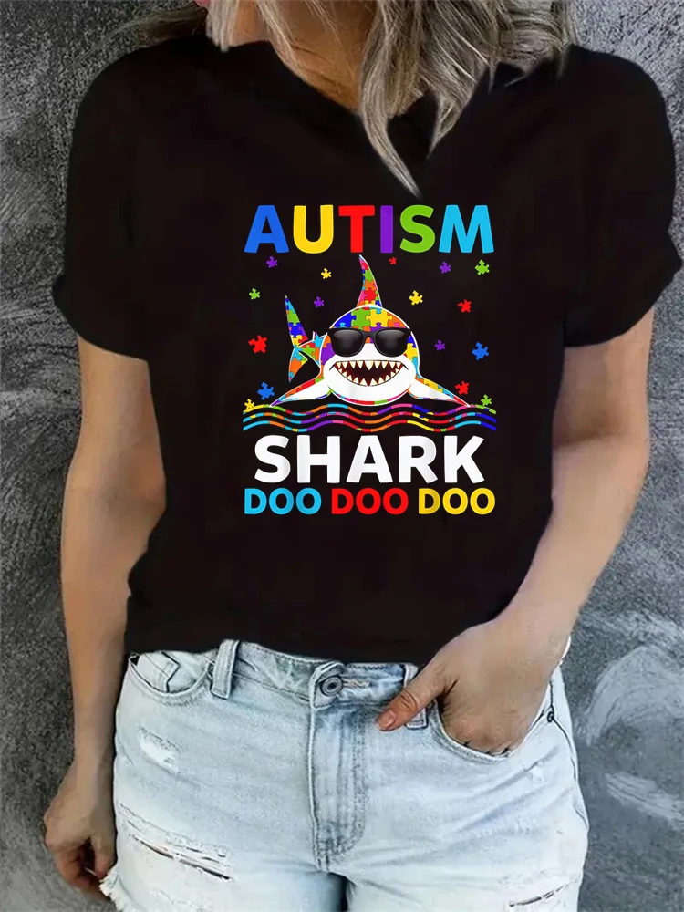 Funny Autism Shark Puzzle Awareness Cute T-Shirt Women\'s T-shirt Short Sleeve Tees for Women adies shirts Women T-shirt Tee Tops