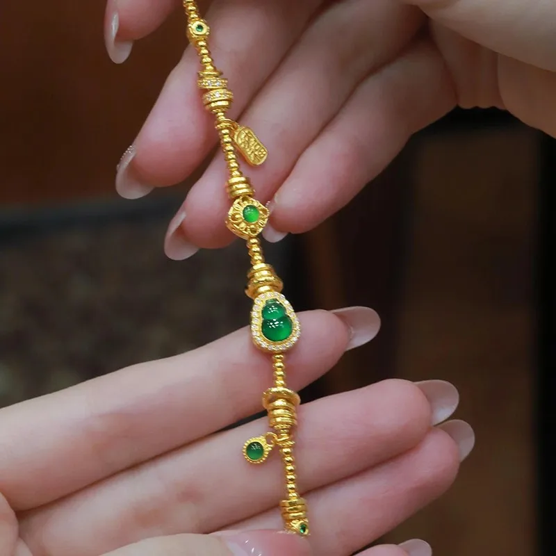 Chinese Style Lucky Gourd Bracelet For Women Gold Plated Green Jade Zircon Beaded Bracelet Wealth Blessing Good Luck Engraved