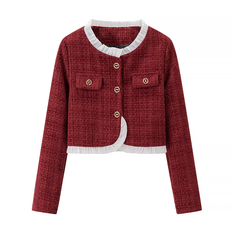 

Sweet French Short Cardigan 2025 Spring Autumn Women Fashion Patchwork Jacket Female Elegant Lace Collar Coat Office Lady Top