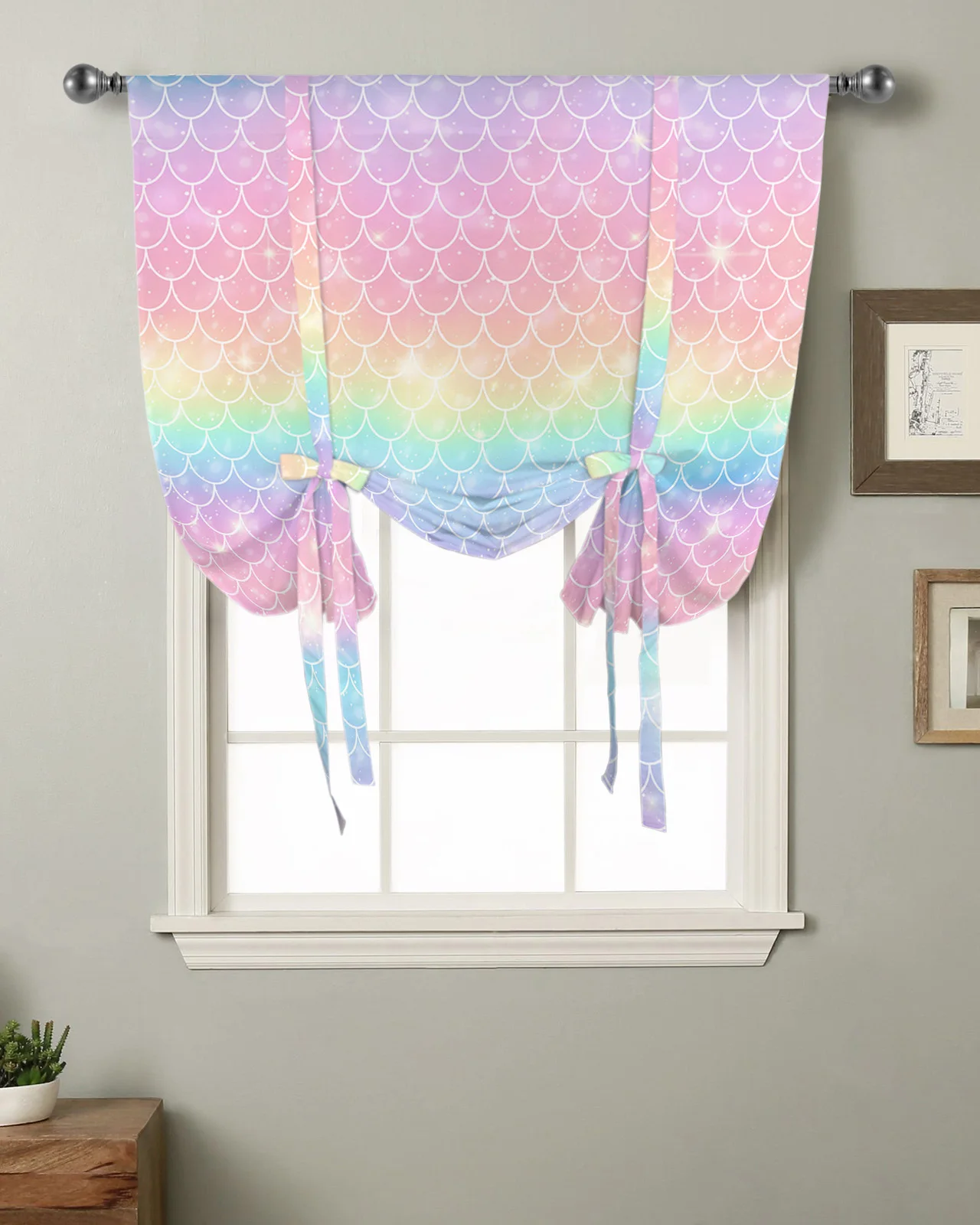 Mermaid Scales Ocean Rainbow Window Curtain for Living Room Roman Curtains for Kitchen Cafe Tie Up Short Drapes