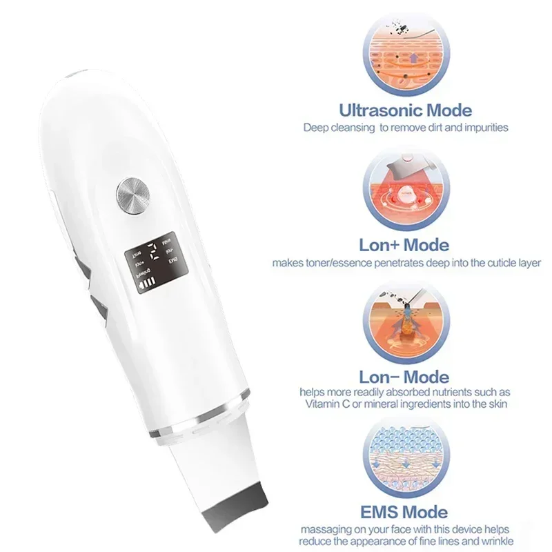 Ultrasonic Vibration Skin Scrubber, Espátula Facial, Removedor de cravos, Limpeza de pá, Removedor de poros iônicos, Peeling Lifting Skin Care