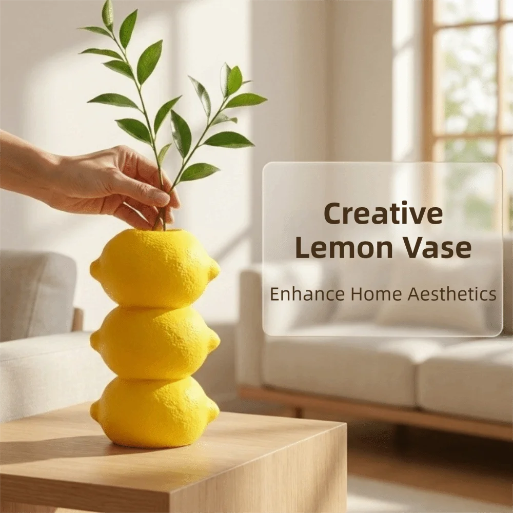 Vase Citron 3D Imprimé Style Nordique – Décoration Fruitée Simple pour Arrangement Floral sur Bureau