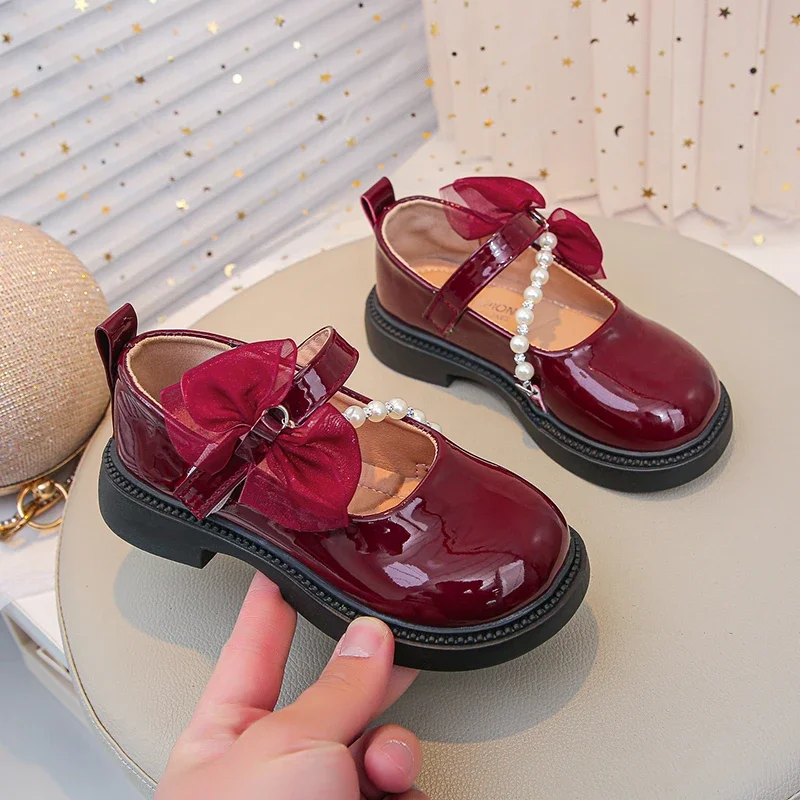 

New Children Princess Shoes Elegant Lace Bowknot Girls Dress Mary Jane Shoes Beading Elegant Kids Causal Shoes Fashion Versatile