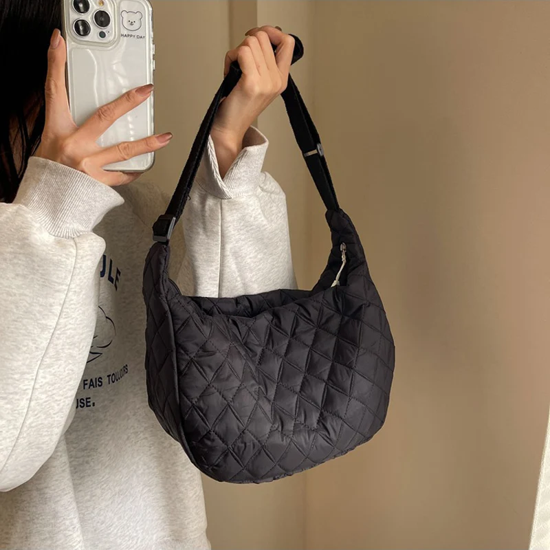 Bolso de hombro acolchado con rombos para mujer, bolso Hobo cruzado de nailon impermeable para mujer, bolsos de compras de moda de gran capacidad