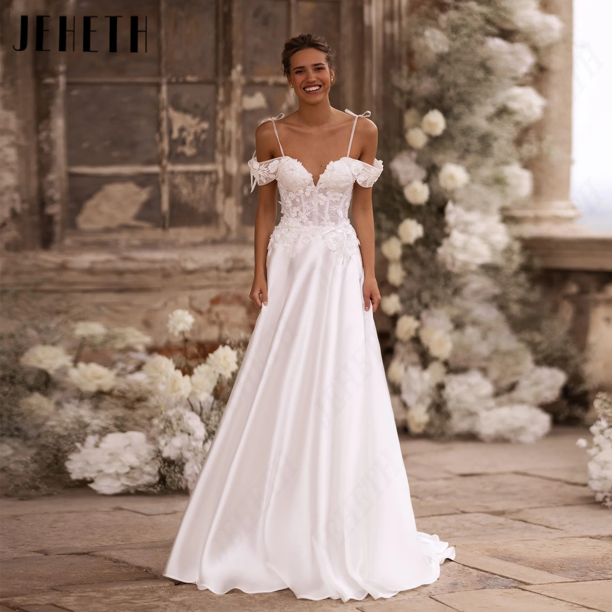 JEHETH Sweetheart Neck Customized Satin Wedding Dresses A-Line Spaghetti Strap Bridal Gown Backless Sweep Train Bride Dress