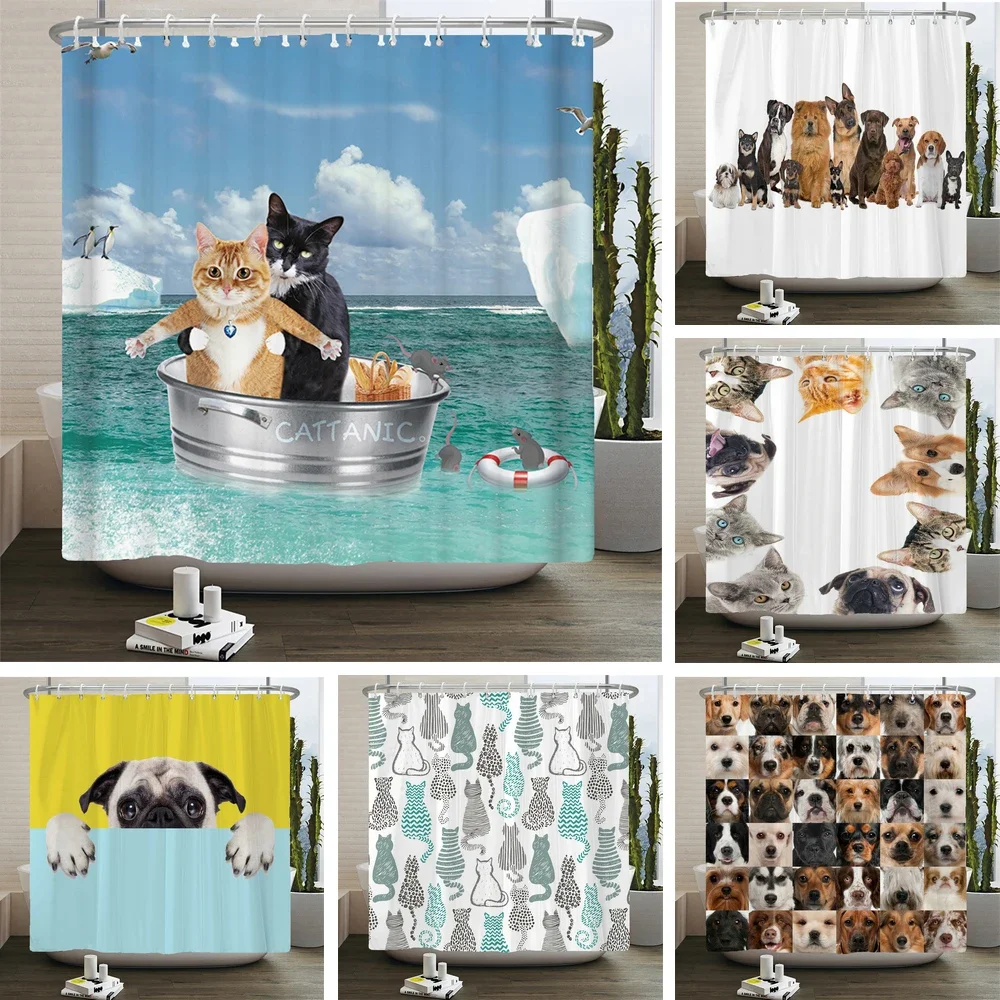Katzen-Duschvorhänge, Badezimmer-Duschvorhang, niedlicher Duschvorhang aus 3D-Stoff mit Haken, lustiger wasserdichter Duschvorhang oder Matte