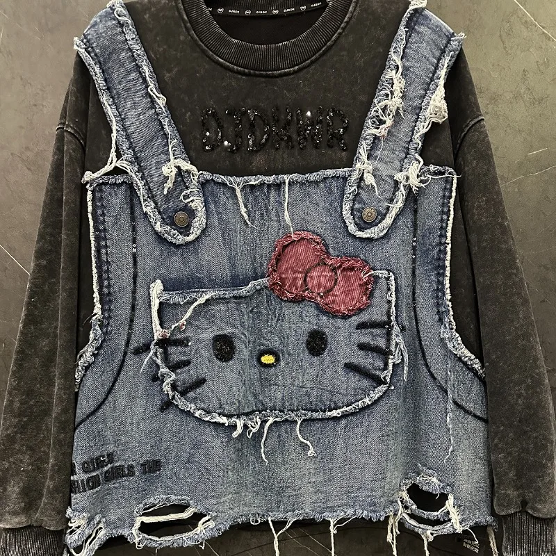 Jesienna bluza damska z efektem postarzenia, imitacja dwuczęściowej, z długim rękawem, okrągłym dekoltem, luźna, codzienna, słodka bluza Y2k z kapturem.