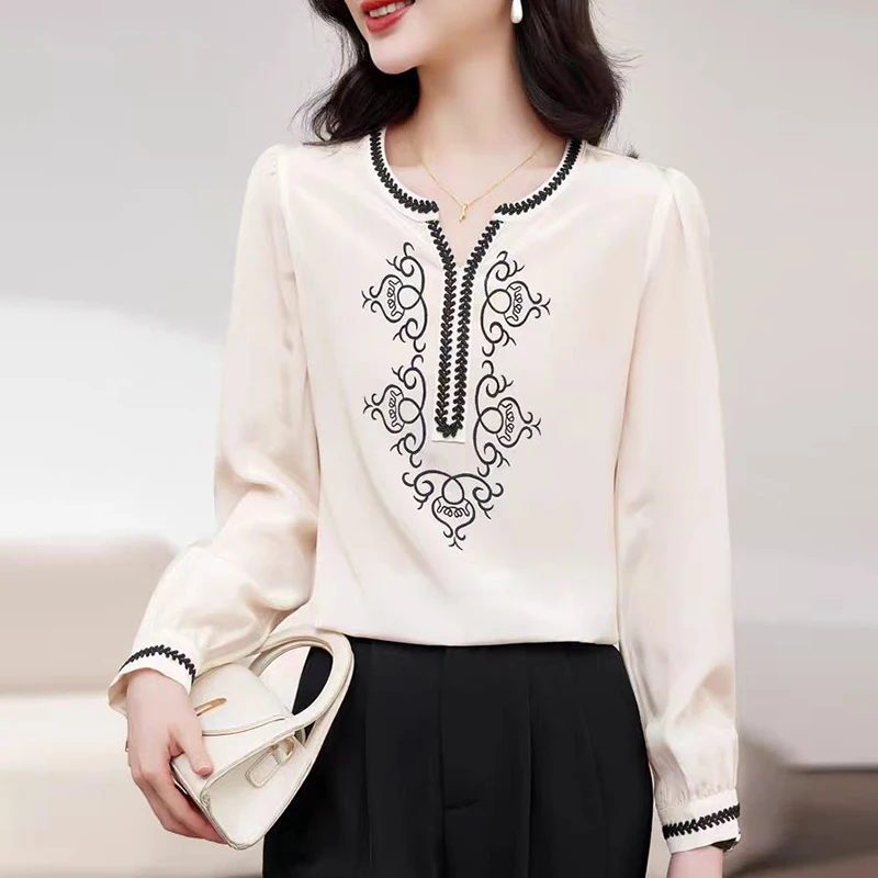 

New Elegant Shirts Vintage Blouses For Women 100% Real Silk Embroidery Women's Shirt Long Sleeve Office Lady Blouse Loose