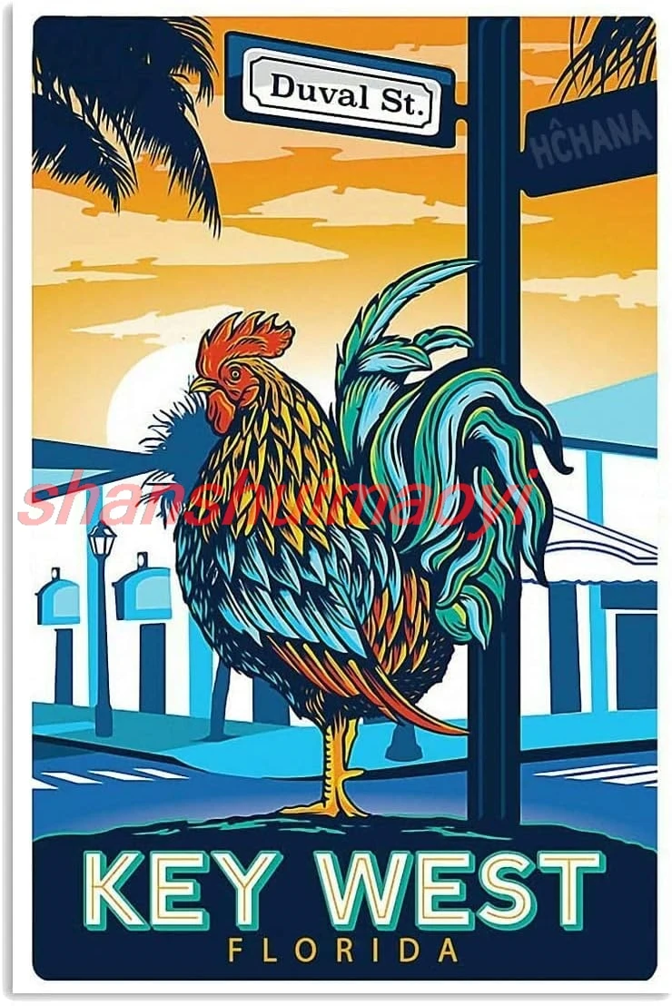 Chicken Key West Florida Portrait Satin Poster No Frame Tin Sign 8x12 Inch Home Kitchen Bedroom Bar Sign Decoration Poster ASC