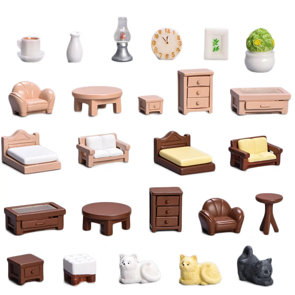 40PCS Dollhouse Miniature Furniture Cat Sofa Bed Wardrobe TV Cabinet Mini Furnishing Scene Model Playing House Micro Landscape