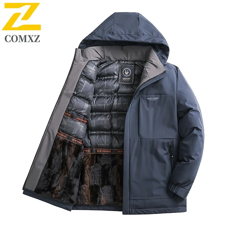 

COMXZ Мужская куртка с капюшоном, толстая, однотонная, с капюшоном, для деловых поездок, снежная стеганая куртка для пешего туризма, высокое качество, зимняя подкладка