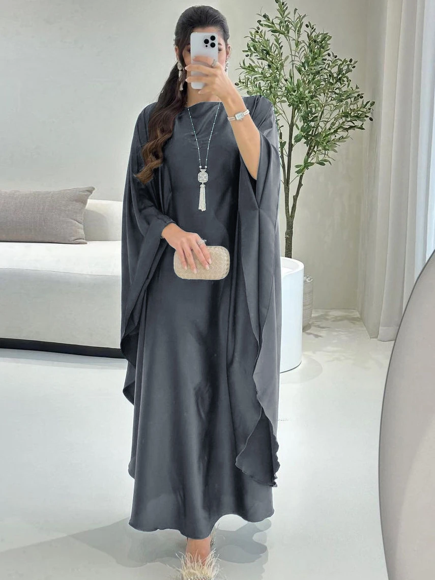 Eid Ramadan Muslim Dress for Women Bat Sleeve Solid Color Maxi Jalabiya Vestidos Largos Dubai Party Evening Dresses summer 2024