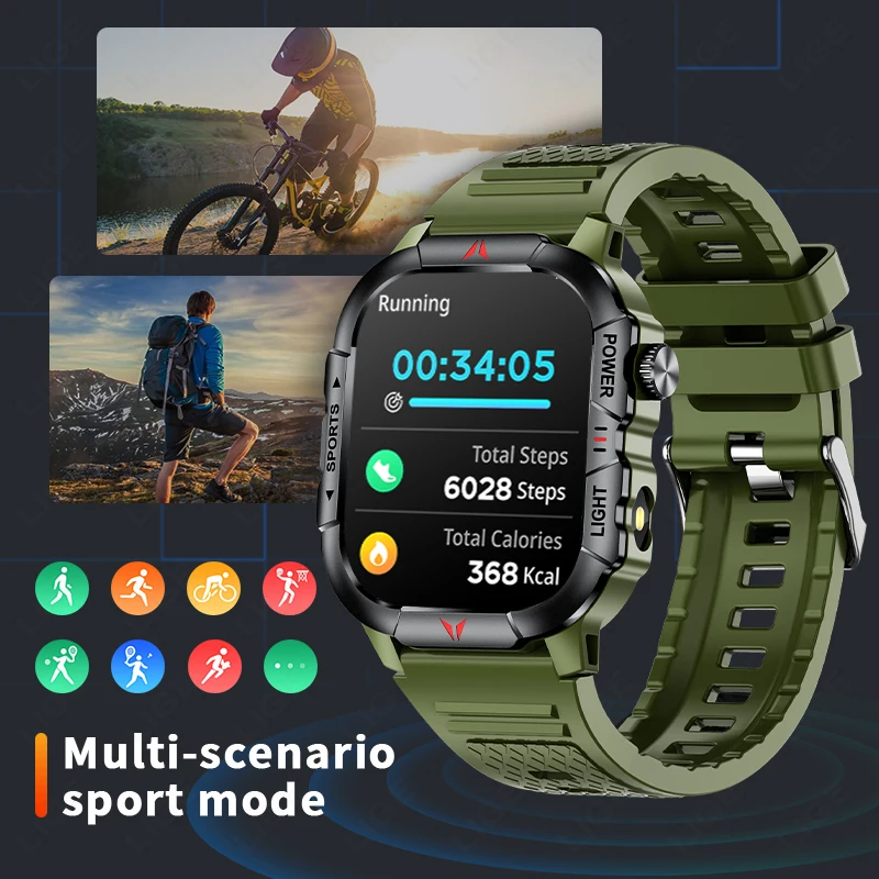 LIGE Smart Watch LED Flashlight Men Waterproof Watches 2.01-inch HD Screen Health Bracelet Military Outdoor Sport Smartwatch Man