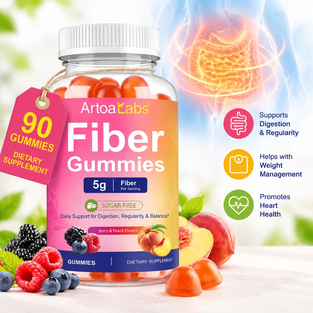 Fiber Gummies Intestinal Health and Weight Management Support Heart Health and Anti-fatigue Support Naturally Organic 90 Gummies