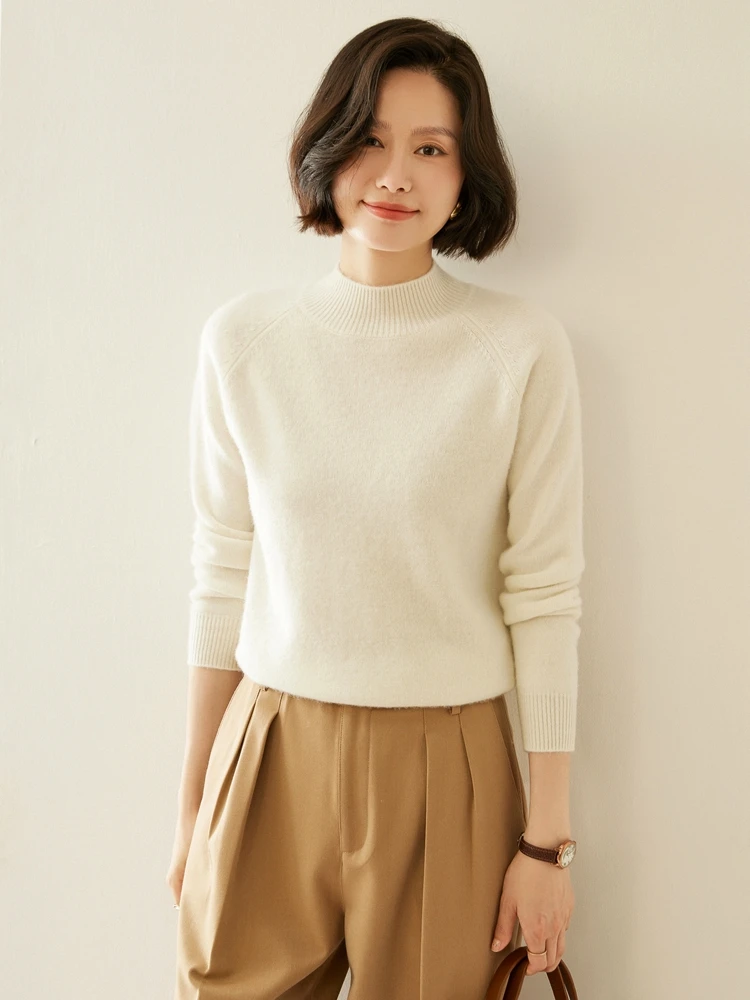 

Women 100% Cashmere Sweater Cable Knitting Pullover Long Sleeve Mock Neck Cashmere Knitwear Autumn Winter Thick Soft Warm Tops