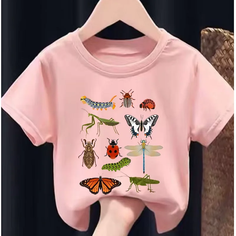 Girls Short-Sleeve T-Shirt Insect Science Print Casual Crew-Neck Children's Summer Wear Kids' Summer polyester fabric