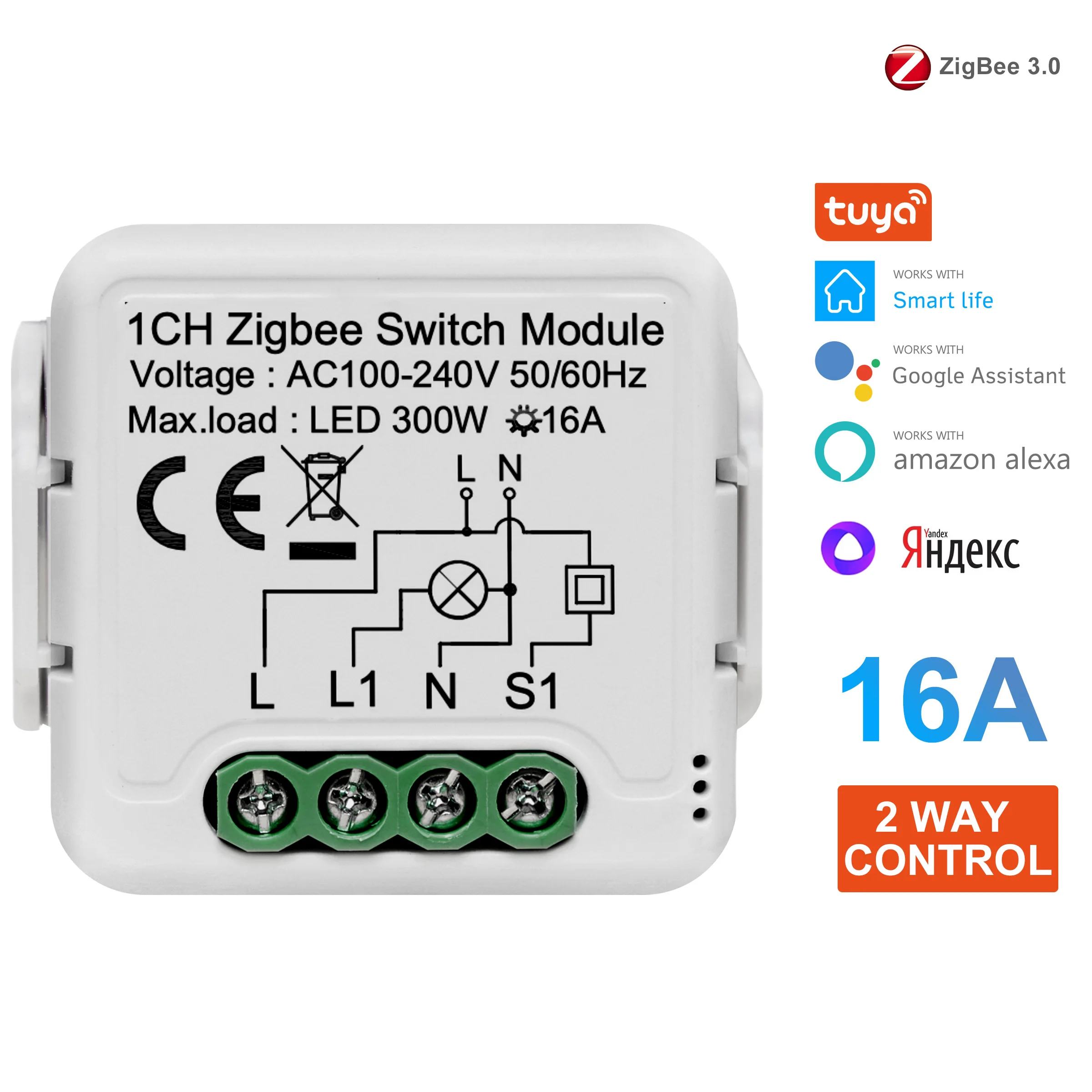 Tuya ZigBee 스위치 모듈, 스마트 조명 스위치, 중성선 필요, 양방향 제어 지원, 알렉사 구글 홈과 작동, 16A