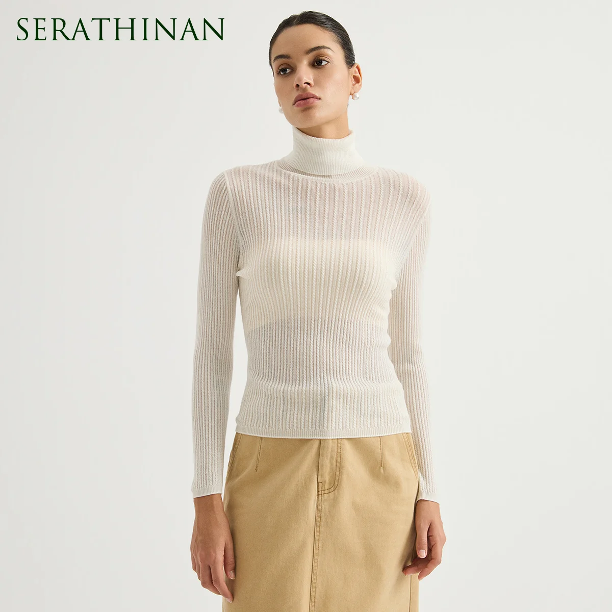 BY3621692 Women's Turtleneck Wool Blend Cable Knit Long Sleeve Pullover Cuff Chain Detail Subtle Shimmer Slim Fit Early Autumn