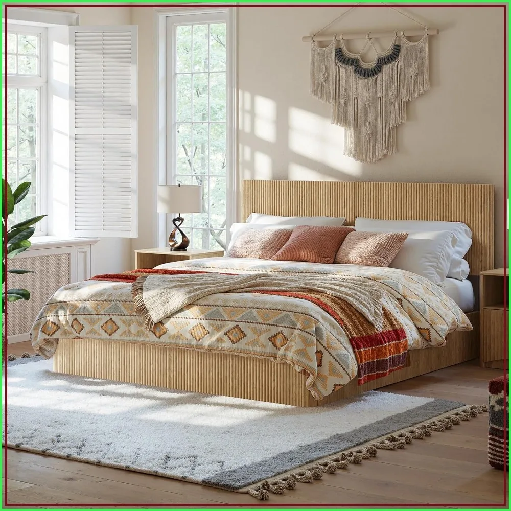 King Lift-Up Storage Bed Frame with Fluted Headboard, Natural Wood Finish