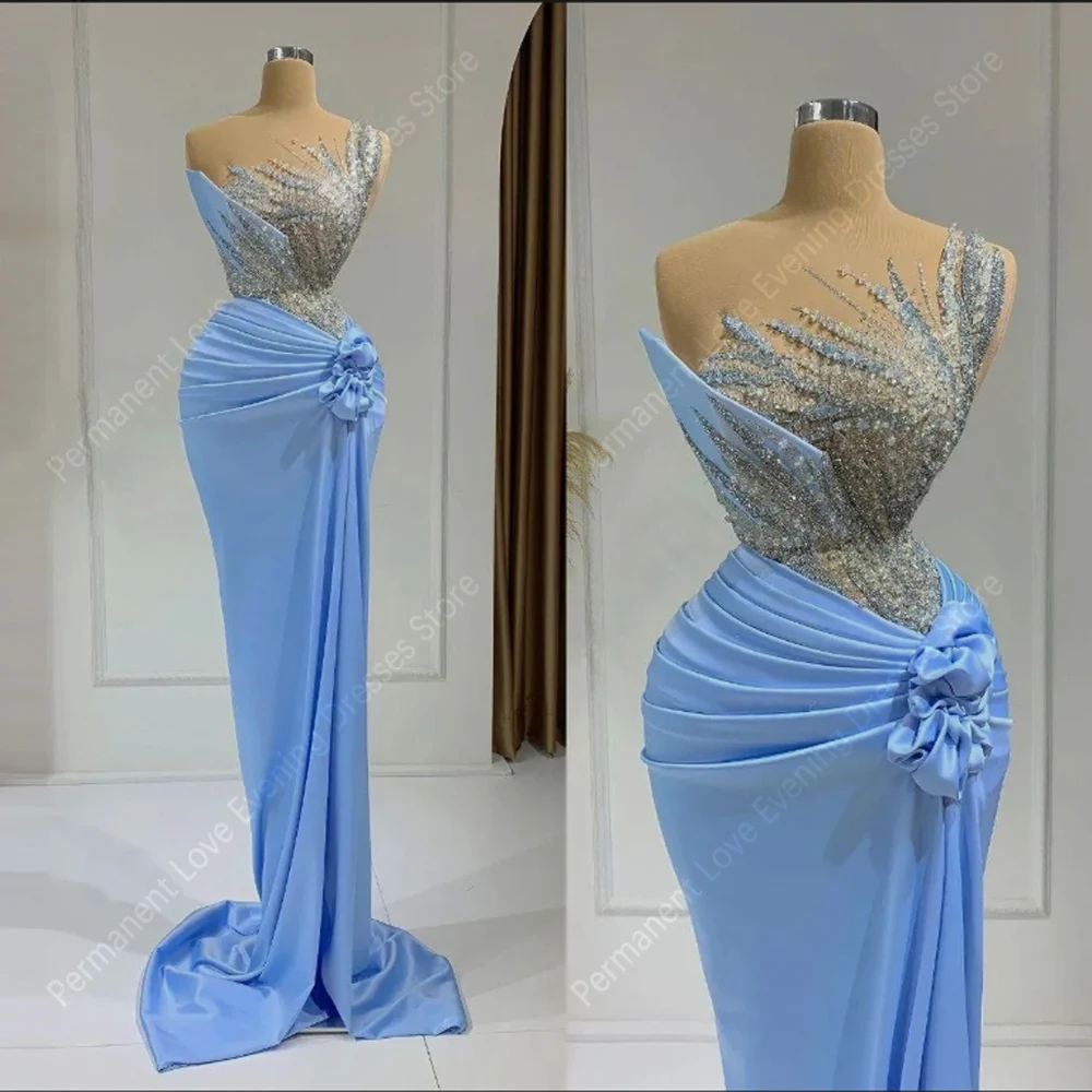 2025 Sexy Blauwe Zeemeermin Vrouwen Avondjurken Elegante Mouwloze Prom Gown Dweilen Lengte Cocktail Party فساتcional Özelleştirilmiş