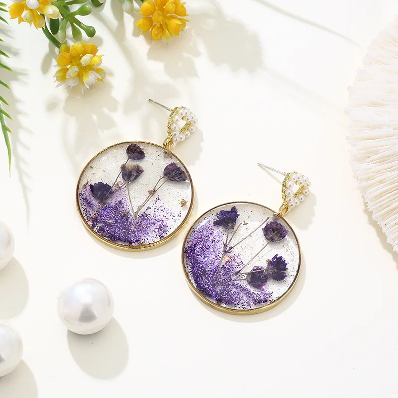 Elegant Round Drop Earrings With Flower Unique Natural Pressed Flower Earrings Handmaking Epoxy Resin Flower Earrings Wholesale