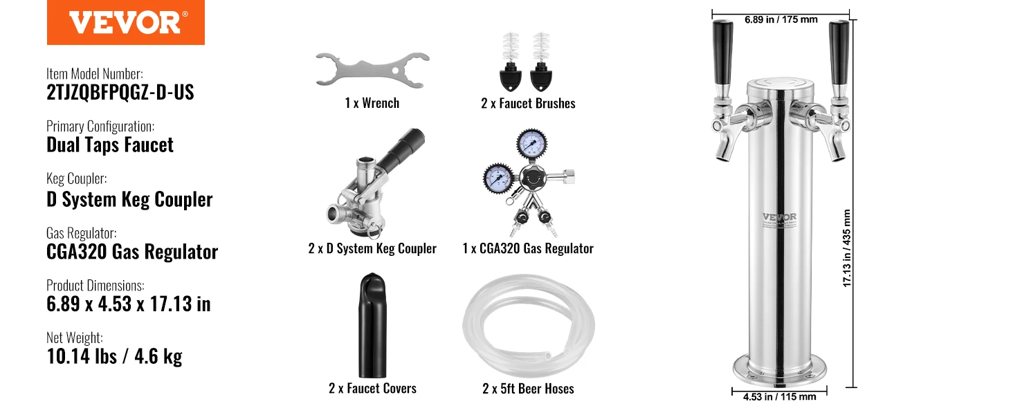 Kegerator-Turm-Kit, Einzelzapfhahn-Bierumrüstsatz, Edelstahl-Fass- Bierturm-Zapfanlage mit Doppelmessgerät W21.8-Regler und A-System- Fasskupplung, Biertropfschale für Partys zu Hause | DE